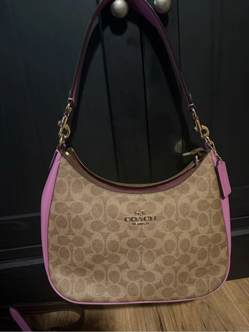 Coach Tan Signature Canvas Hobo with Pink Trim